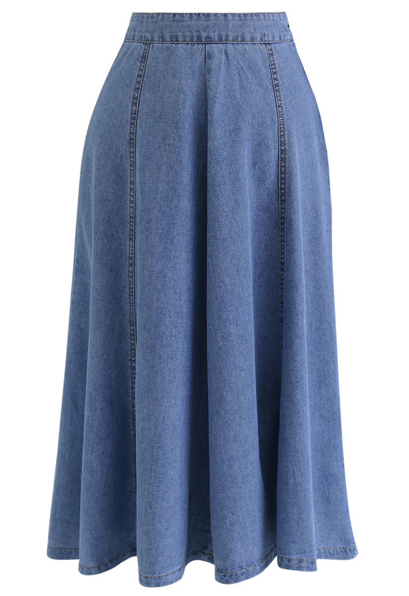 Seam Detail Denim A-Line Midi Skirt in Blue