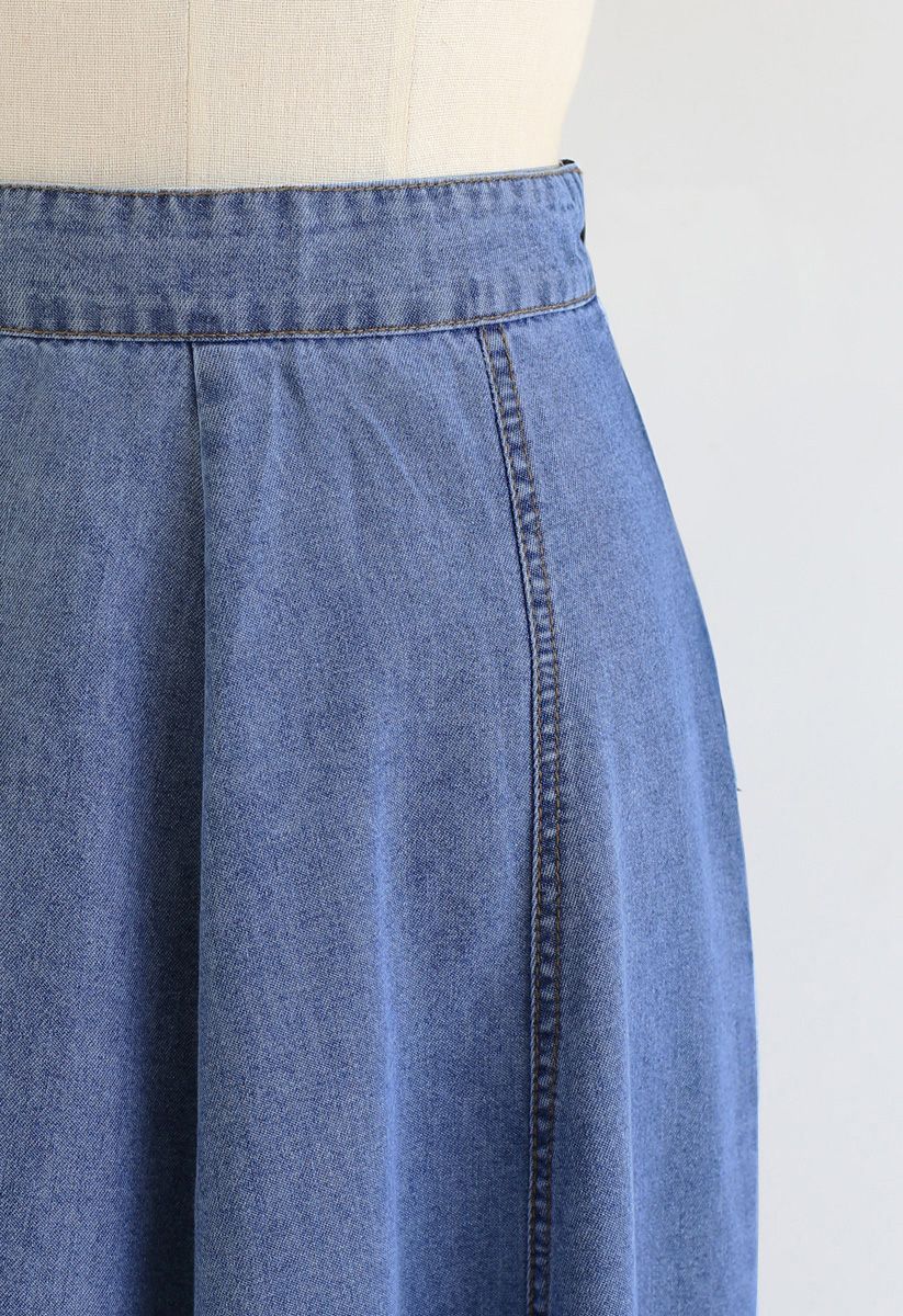 Seam Detail Denim A-Line Midi Skirt in Blue