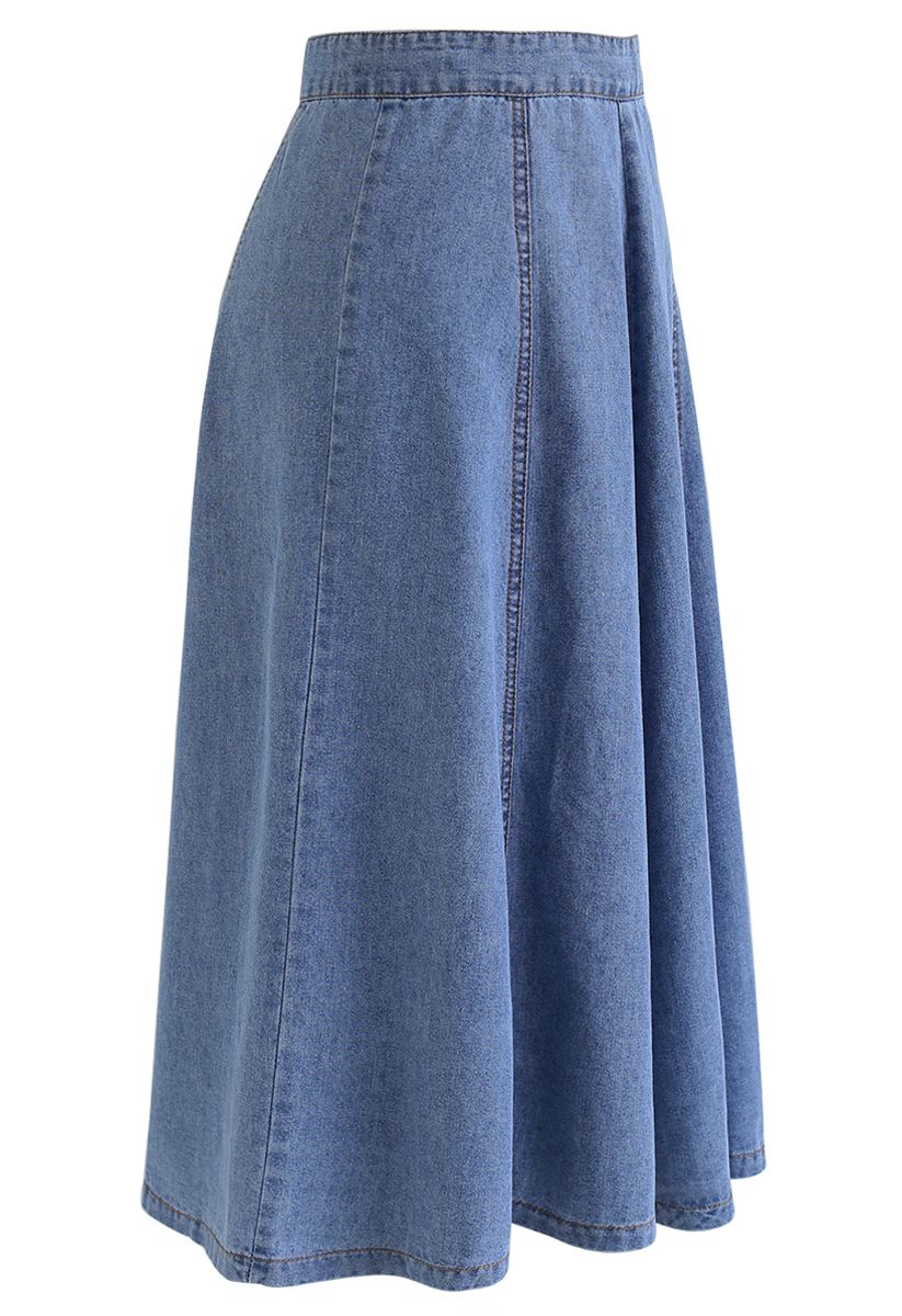 Seam Detail Denim A-Line Midi Skirt in Blue