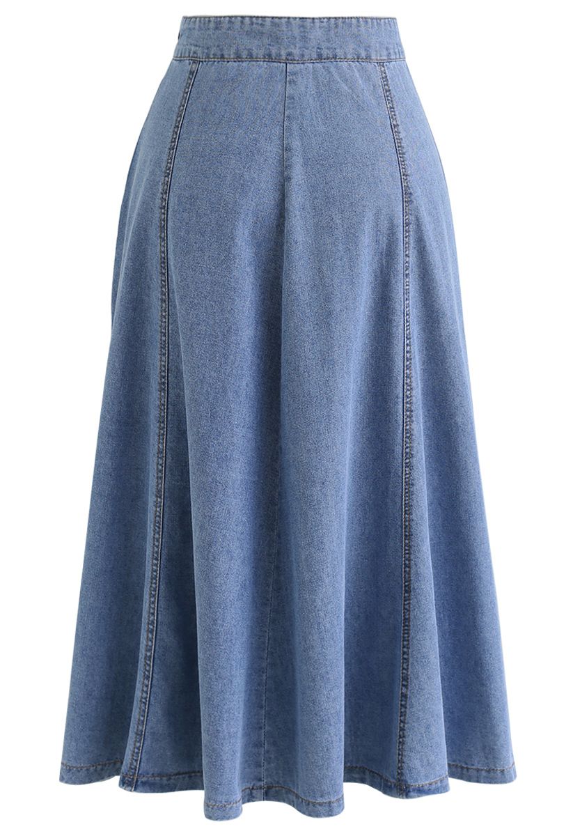 Seam Detail Denim A-Line Midi Skirt in Blue