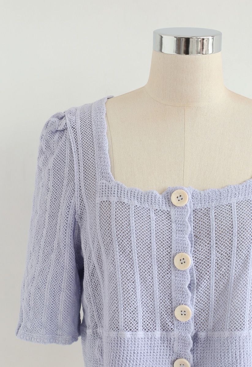 Open Knit Square Neck Button Down Crop Top in Lilac