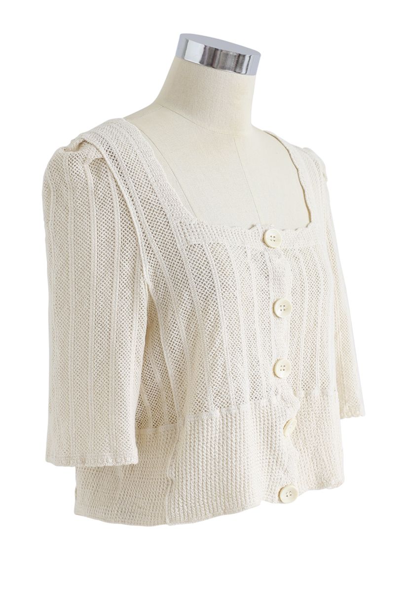 Open Knit Square Neck Button Down Crop Top in Sand