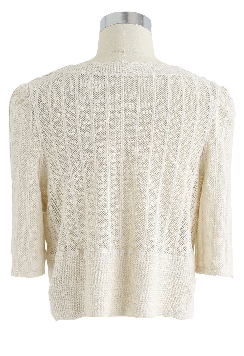 Open Knit Square Neck Button Down Crop Top in Sand