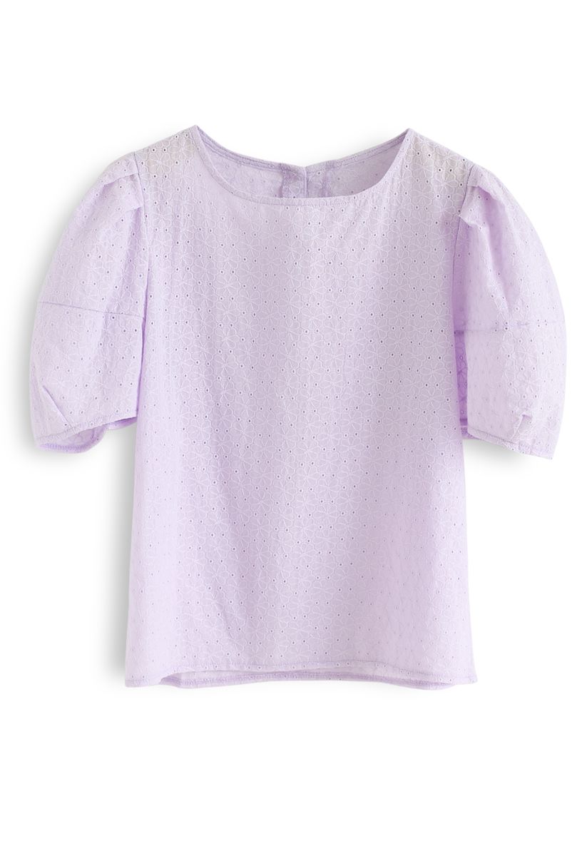Puff Sleeves Floral Embroidered Eyelet Top in Purple