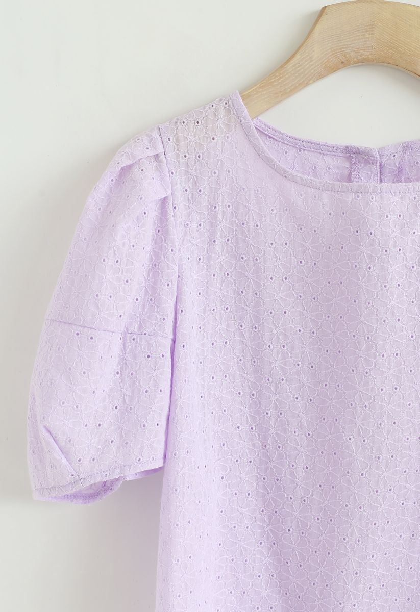 Puff Sleeves Floral Embroidered Eyelet Top in Purple