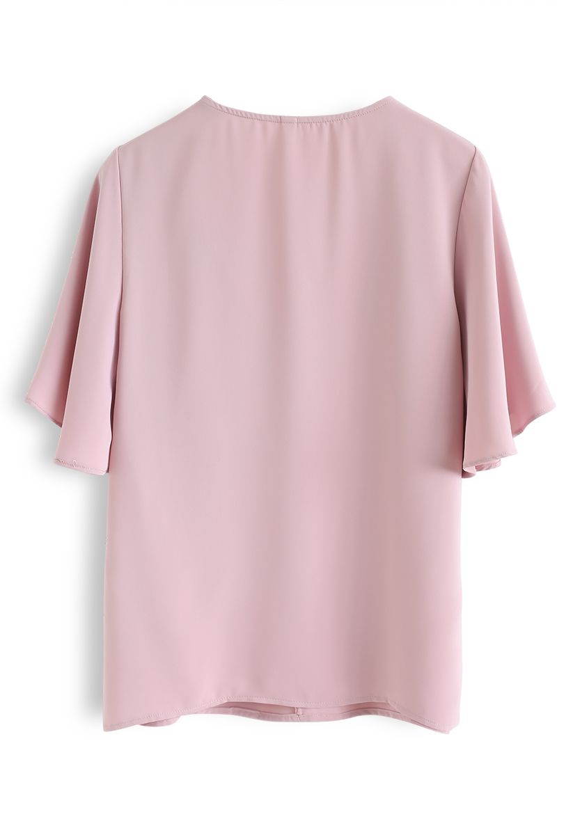 Flare Sleeves Front Twisted Top in Pink