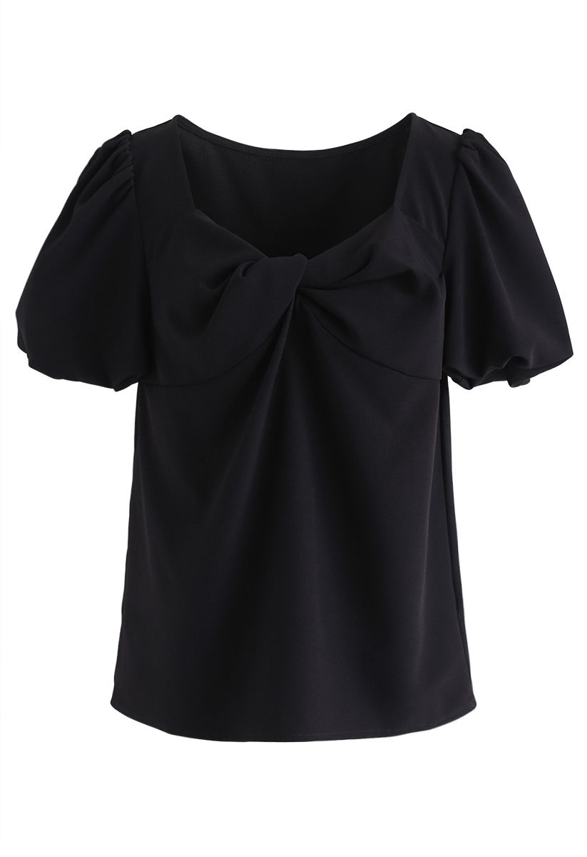 Bubble Sleeves Twisted Top in Black