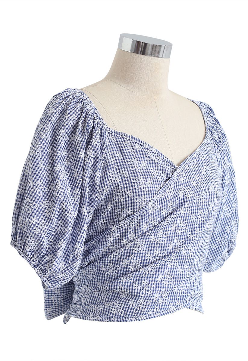 Gingham Floral Puff Sleeves Wrapped Top in Navy