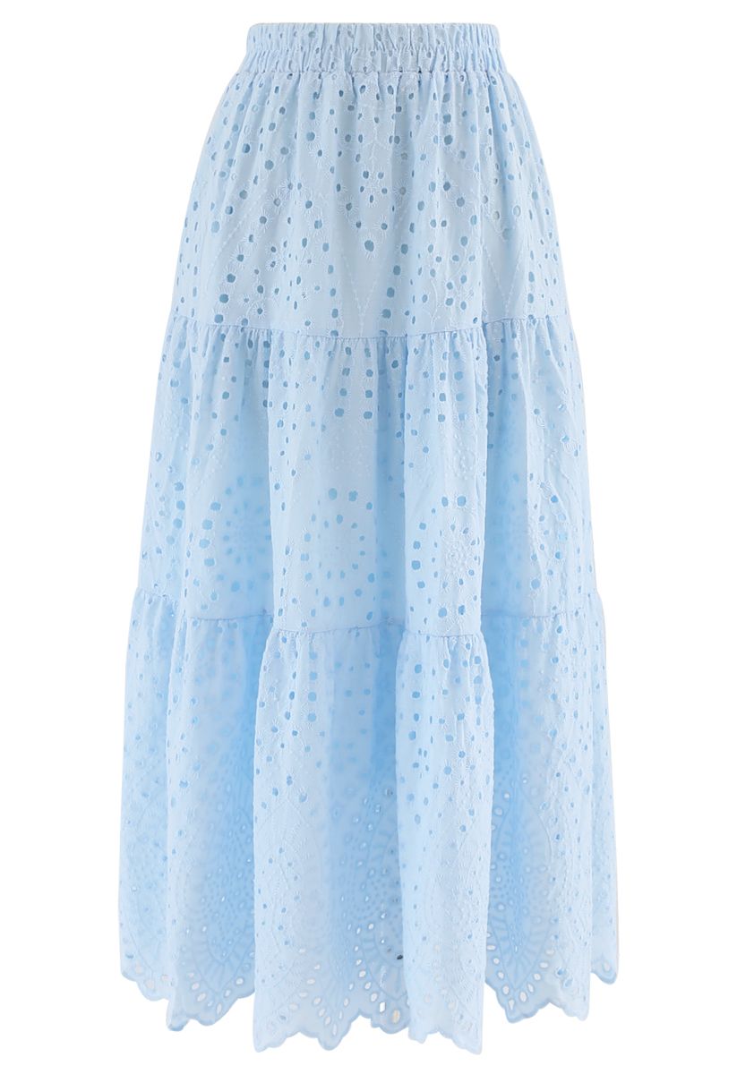 Frill Hem Broderie Cotton Midi Skirt in Baby Blue