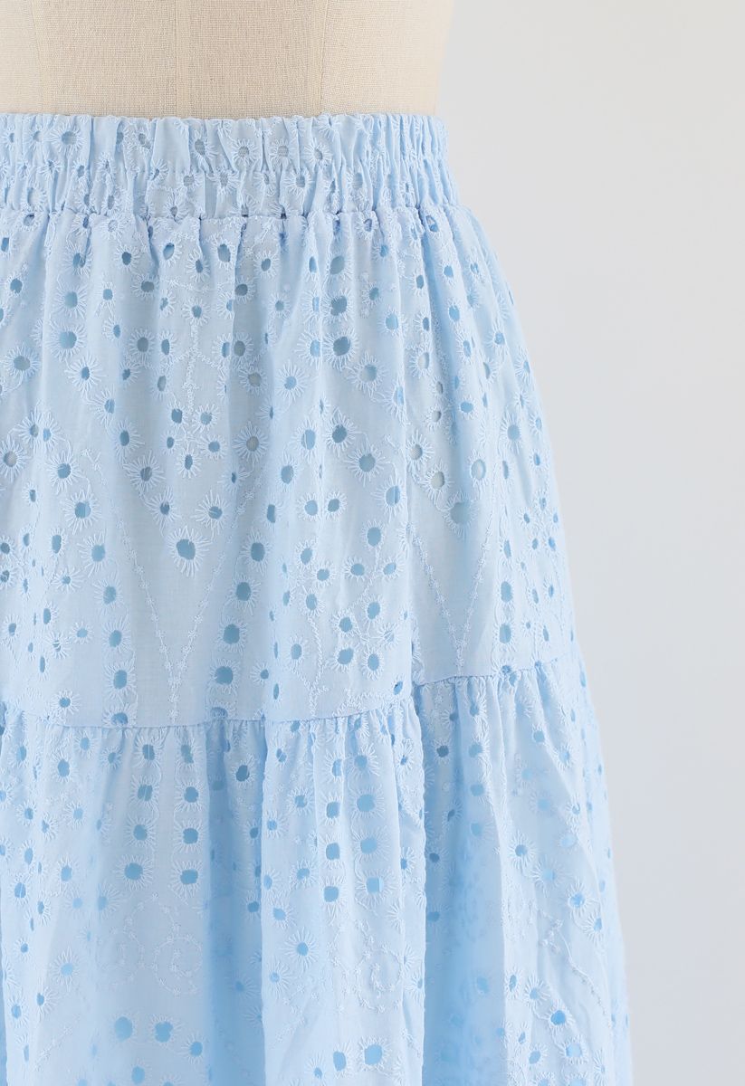 Frill Hem Broderie Cotton Midi Skirt in Baby Blue