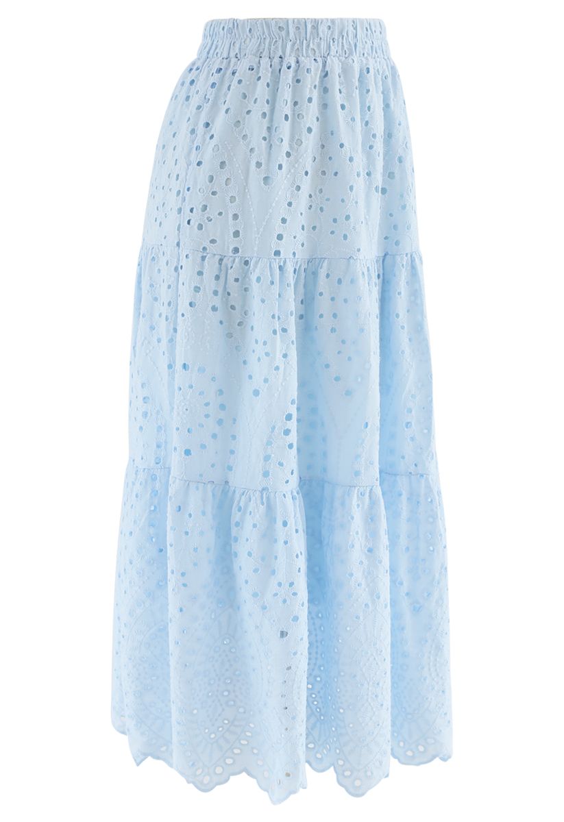 Frill Hem Broderie Cotton Midi Skirt in Baby Blue