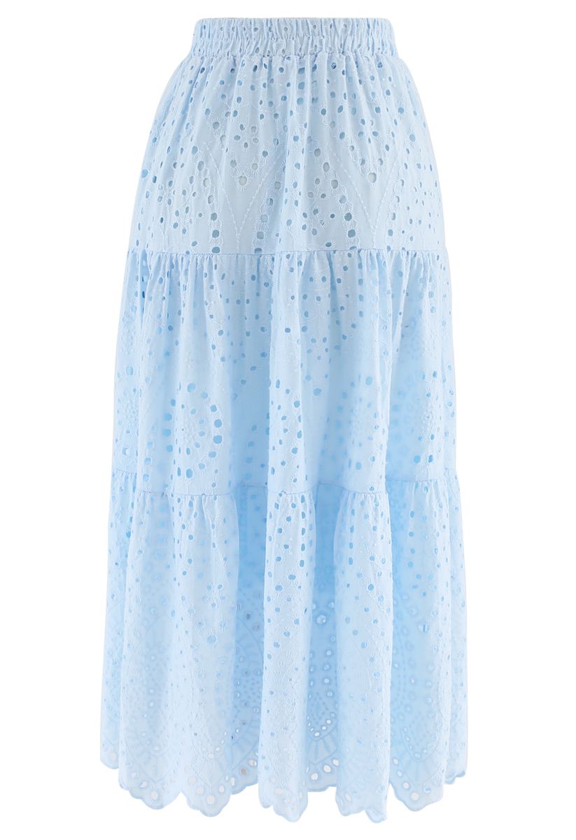 Frill Hem Broderie Cotton Midi Skirt in Baby Blue