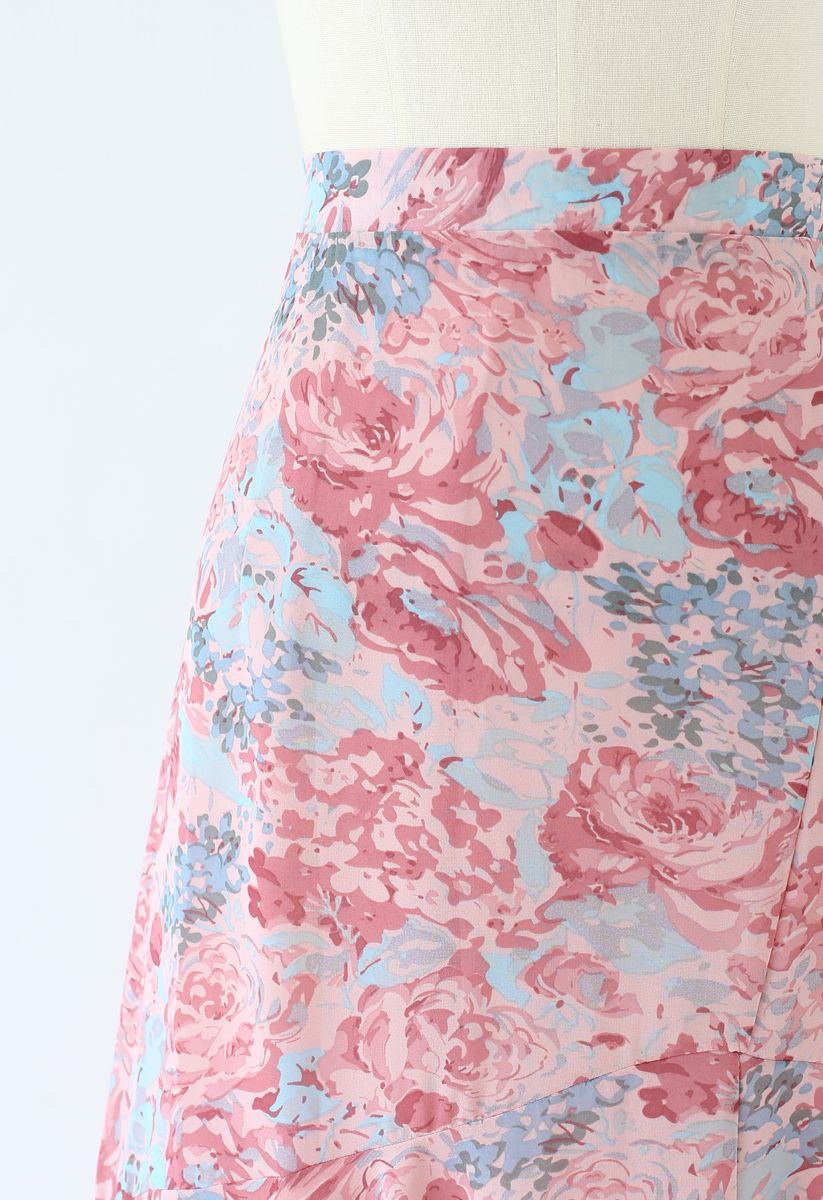 Abstract Rose Print Frilling Chiffon Midi Skirt in Pink