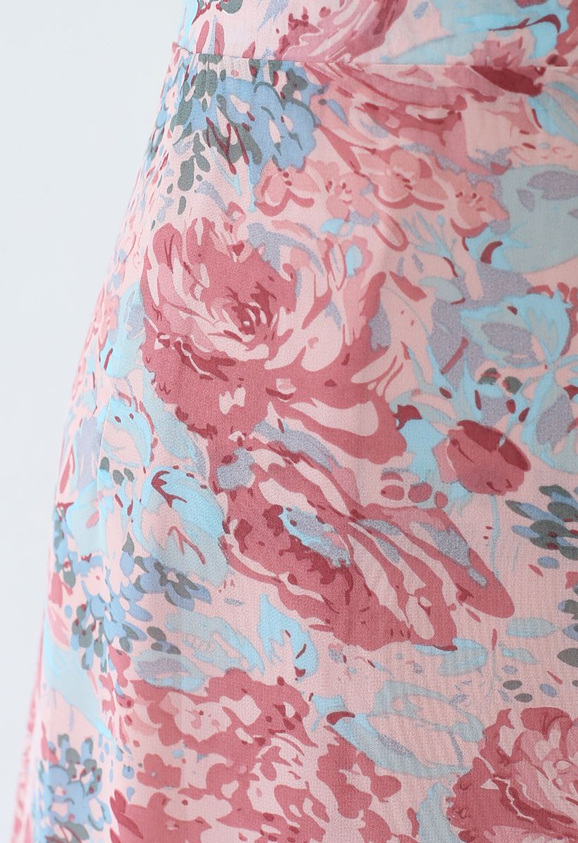 Abstract Rose Print Frilling Chiffon Midi Skirt in Pink