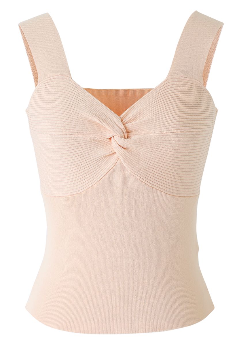 Twist Bust Ribbed Knit Cami Top in Peach