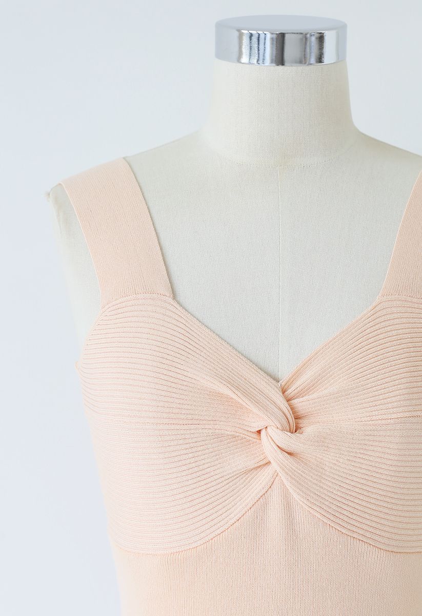 Twist Bust Ribbed Knit Cami Top in Peach