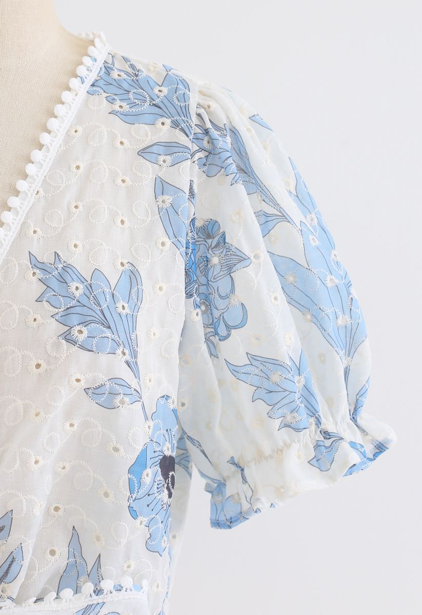 Blue Floral Printed Eyelet Embroidered Button Down Crop Top