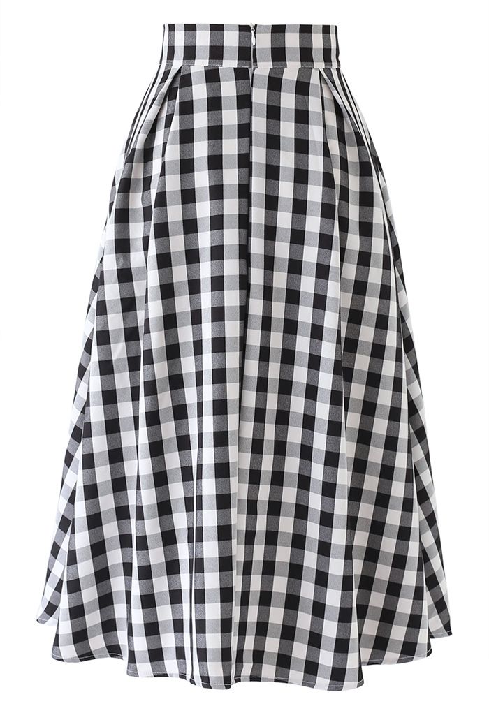 Buttoned Front Check Print A-Line Midi Skirt in Black