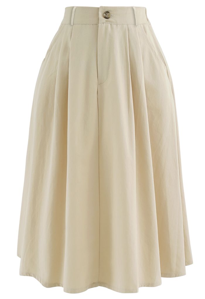 Slant Pockets A-Line Midi Skirt in Cream