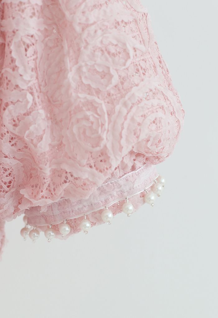Soft Lace Pearl Trim Cuffs Mesh Crop Top in Pink
