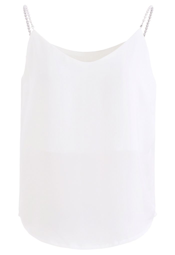 Pearl Straps Satin Cami Tank Top in White