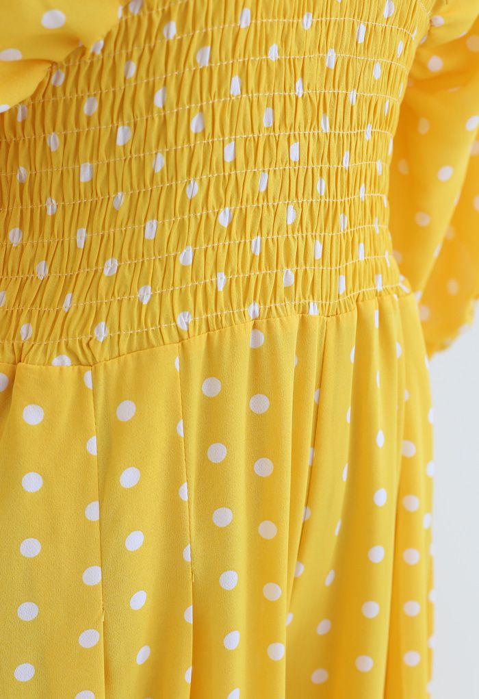 Dot Print Plunging Neck Shirred Wide-Leg Jumpsuit in Yellow