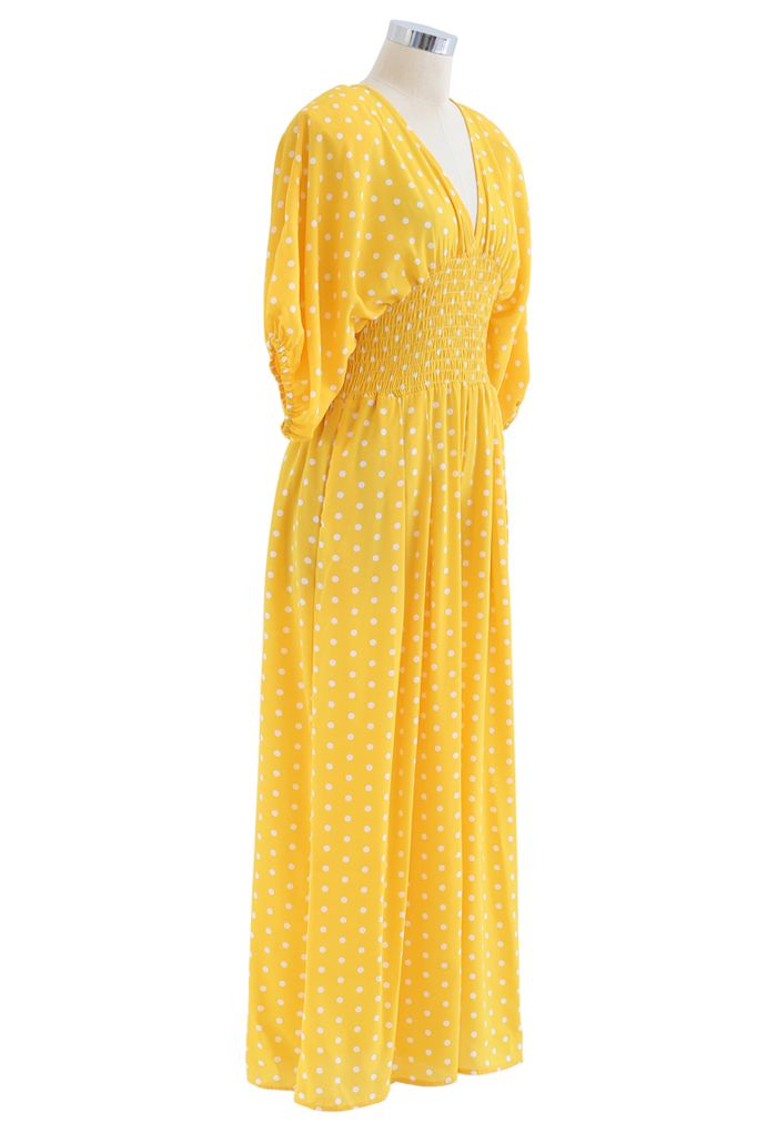 Dot Print Plunging Neck Shirred Wide-Leg Jumpsuit in Yellow