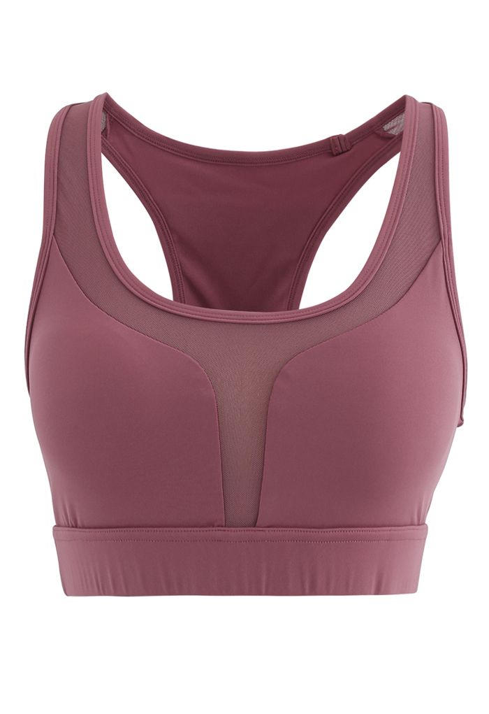 I-Shaped Back Pocket Mesh-Insert Low-Impact Sports Bra in Rust Red