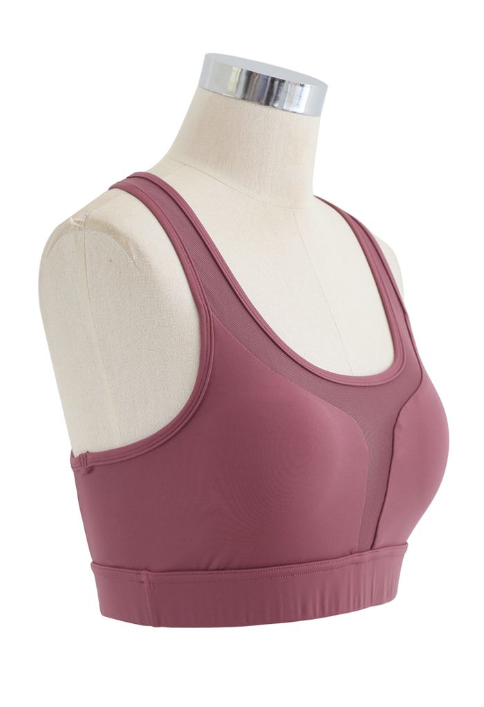 I-Shaped Back Pocket Mesh-Insert Low-Impact Sports Bra in Rust Red