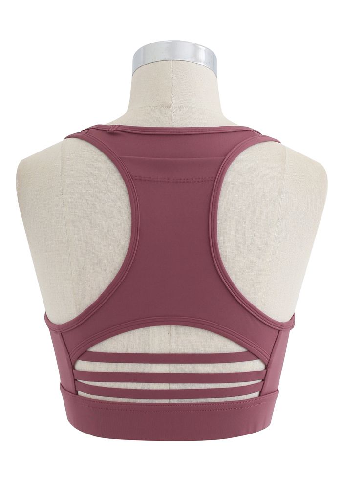 I-Shaped Back Pocket Mesh-Insert Low-Impact Sports Bra in Rust Red