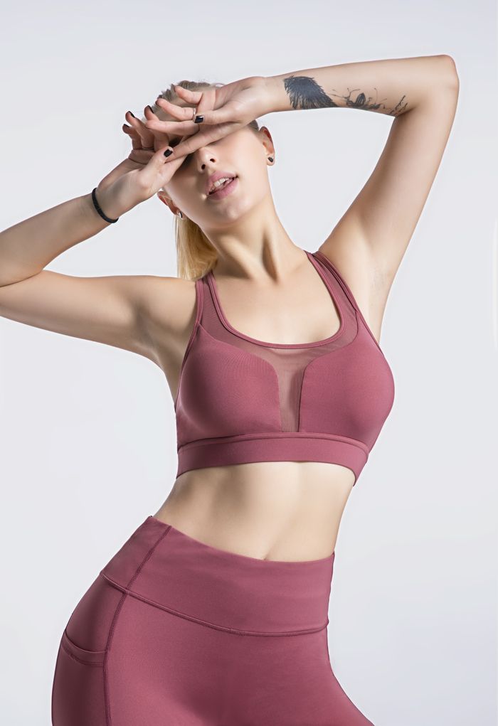 I-Shaped Back Pocket Mesh-Insert Low-Impact Sports Bra in Rust Red