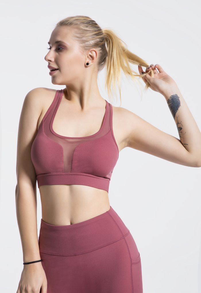 I-Shaped Back Pocket Mesh-Insert Low-Impact Sports Bra in Rust Red