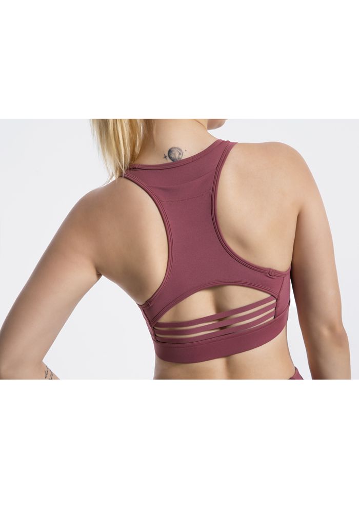 I-Shaped Back Pocket Mesh-Insert Low-Impact Sports Bra in Rust Red