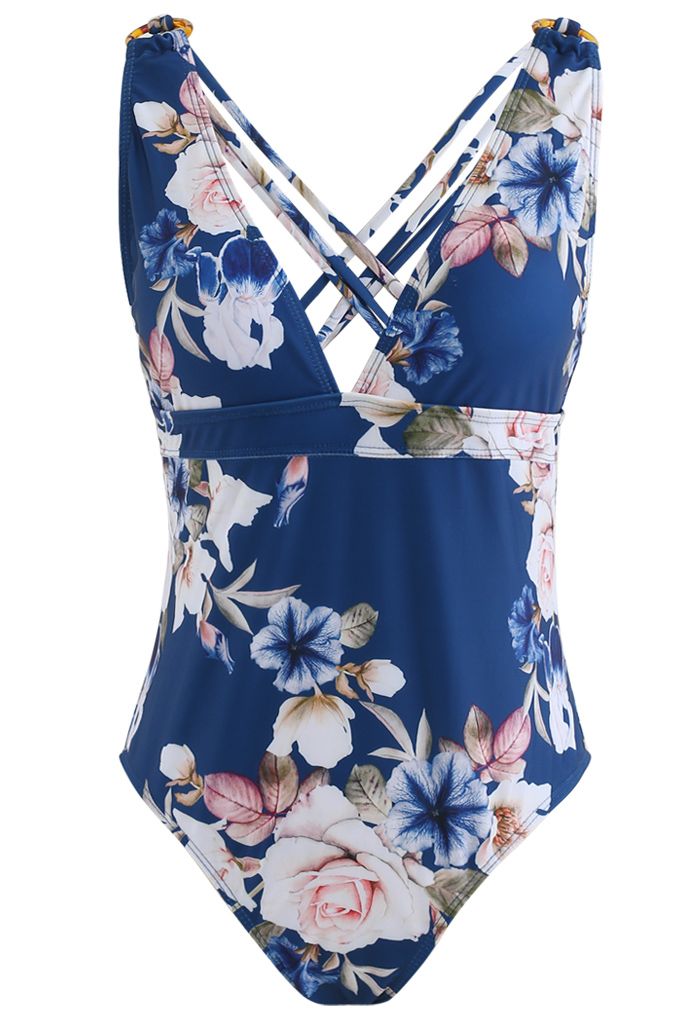 Strappy Crisscross Back Floral One-Piece Swimsuit