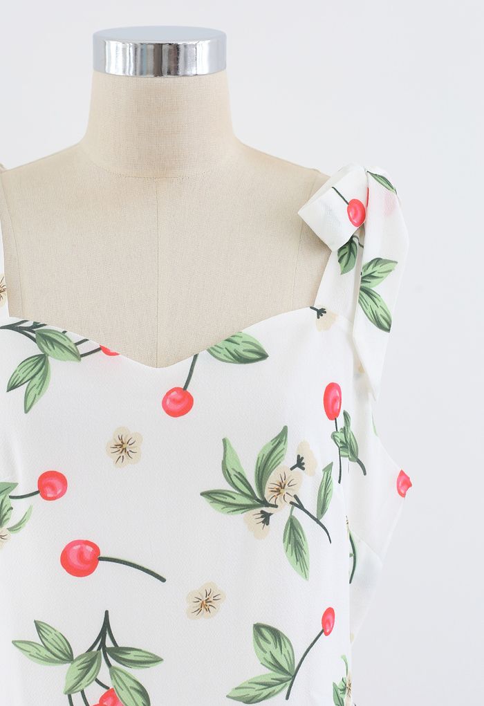 Cherry Print Tie Shoulder Midi Dress