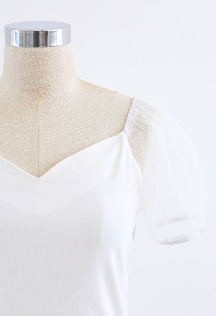 Mesh Bubble Sleeves Spliced Sweetheart Neck Top in White