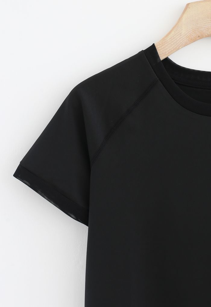 Crisscross Flap Mesh Inserted Lightweight T-Shirt in Black