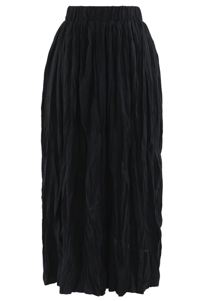Black Velvet Pleated A-Line Midi Skirt in Black