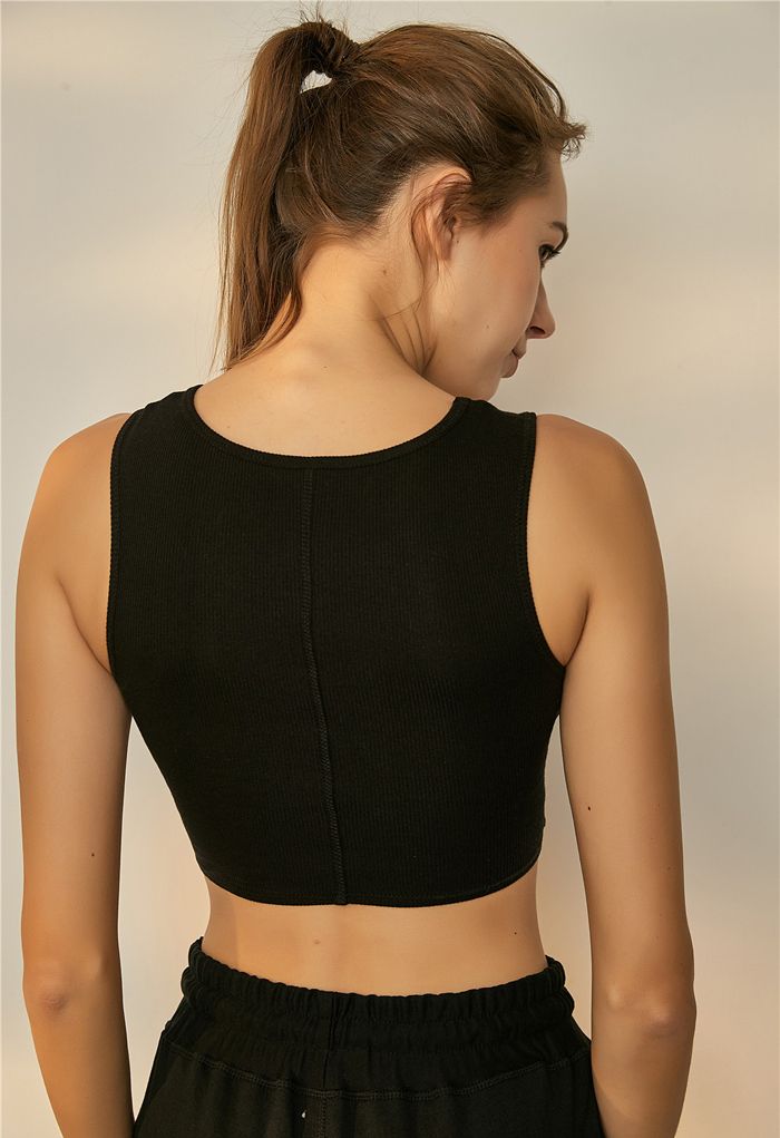 Twist Front Ribbed Sleeveless Low-Impact Sports Bra in Black