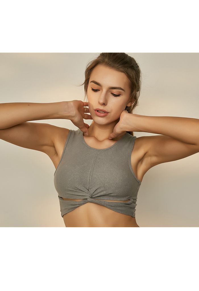 Twist Front Ribbed Sleeveless Low-Impact Sports Bra in Grey
