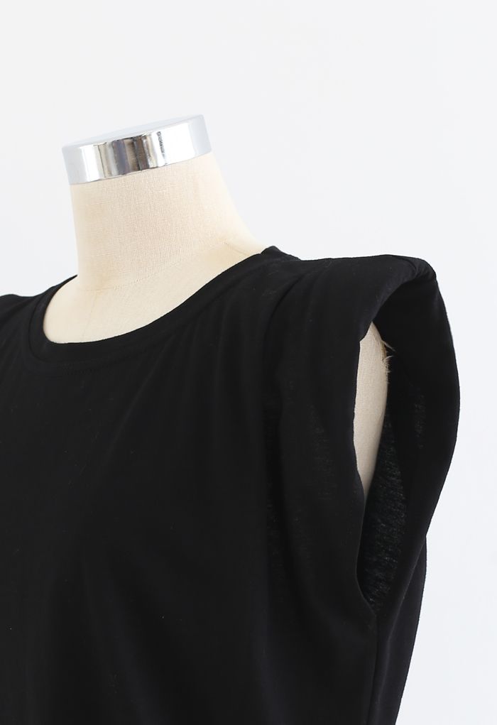 Knot Side Padded Shoulder Sleeveless Top in Black