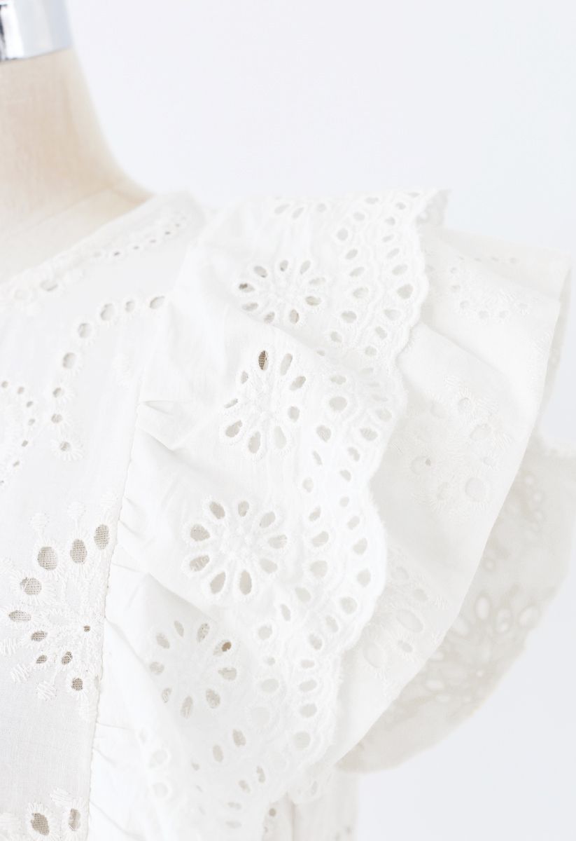 Ruffle Trim Eyelet Embroidery Sleeveless Top in White