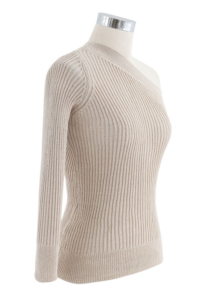 Fitted One Shoulder Ribbed Knit Top in Sand