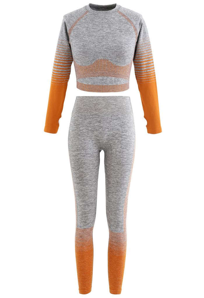 Striped Seamless Crop Top and Ankle-Length Leggings Set in Orange