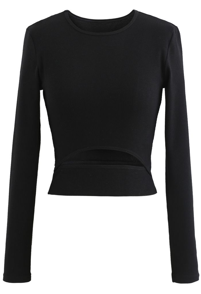 Hollow-Out Waist Sleeves Crop Top in Black
