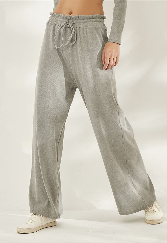 Drawstring Paper-Bag Waist Ribbed Yoga Pants in Grey - Retro