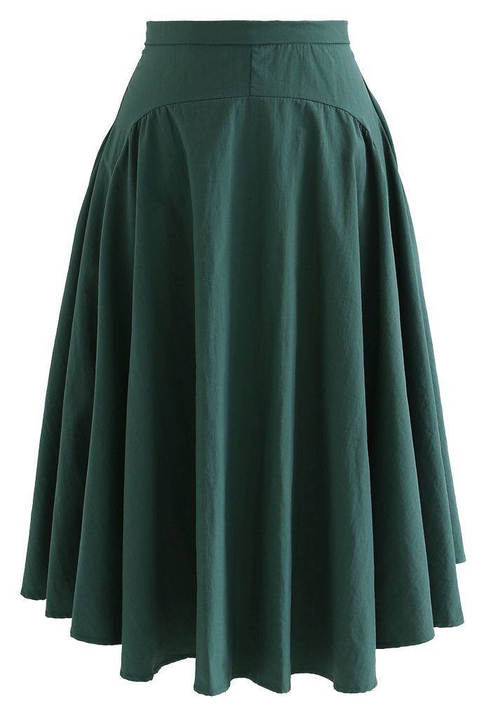A-Line Asymmetric Flare Hem Midi Skirt in Dark Green
