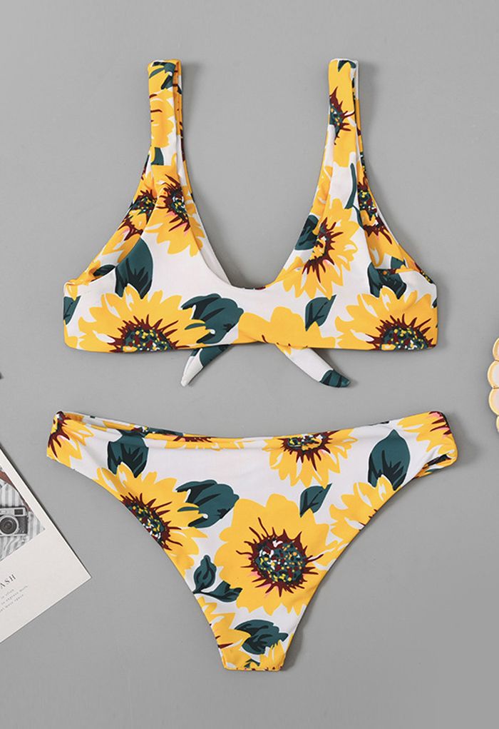 Sunflower Print Knot Front Low Rise Bikini Set
