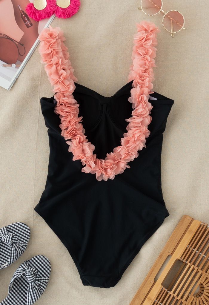 3D Floral Straps Scoop Back Swimsuit in Black