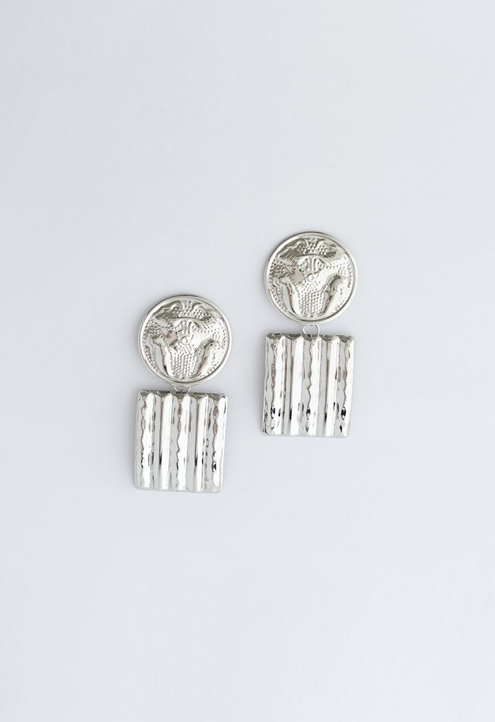 Silver Hammered Coin and Square Earrings